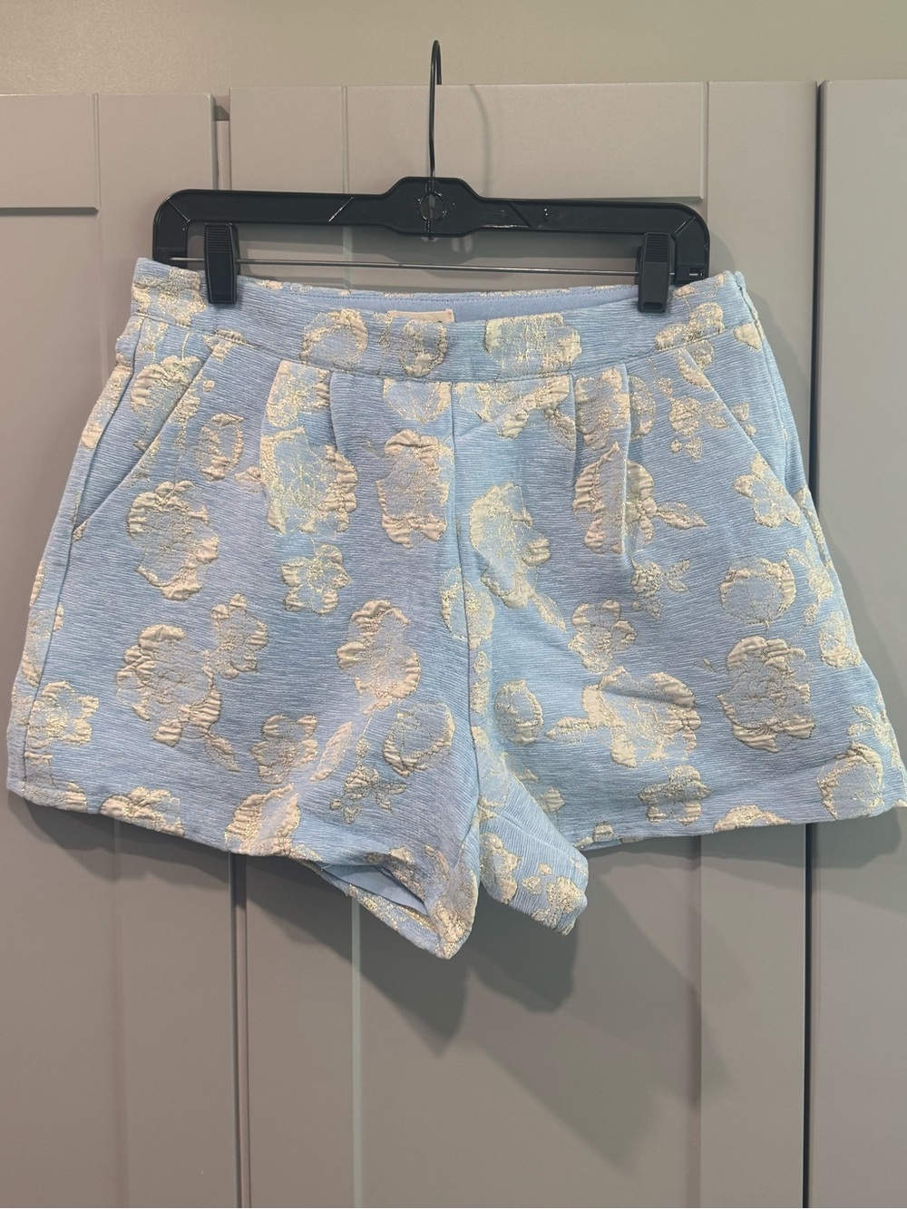 Umgee Light Blue Floral Jacquard High Waist Shorts
